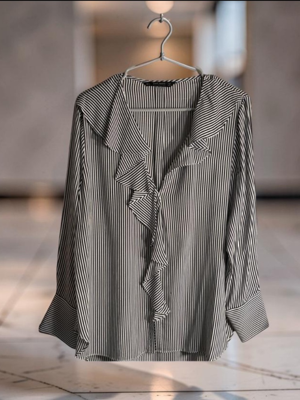 Zara Black & White Vertical Stripe Ruffle Blouse